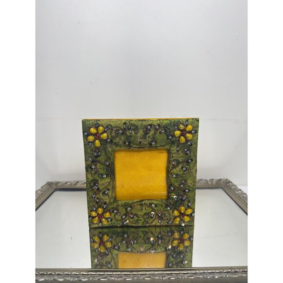 Vintage Boho Hand Embroidered & Beaded Fabric Picture Frame, Green and Yellow - Picture 9 of 10